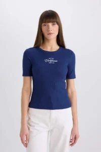 DeFacto Slim Fit Narrow Cut Crew Neck Printed Ribbed Camisole Short Sleeve T-Shirt - Image 3