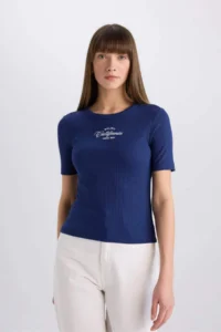 DeFacto Slim Fit Narrow Cut Crew Neck Printed Ribbed Camisole Short Sleeve T-Shirt - Image 4