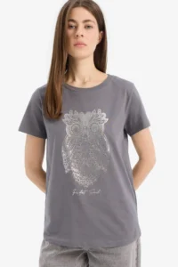 DeFacto Regular Fit Crew Neck Owl Patterned Combed Cotton Short Sleeve T-Shirt