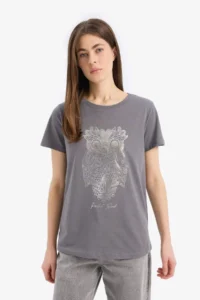 DeFacto Regular Fit Crew Neck Owl Patterned Combed Cotton Short Sleeve T-Shirt - Image 3
