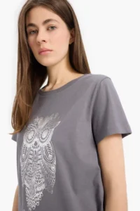 DeFacto Regular Fit Crew Neck Owl Patterned Combed Cotton Short Sleeve T-Shirt - Image 4