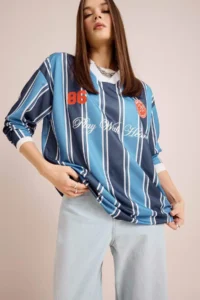 DeFacto Oversize Wide Fit Polo Neck Printed Jersey Fabric Long Sleeve T-Shirt