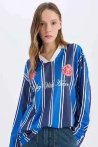 DeFacto Oversize Wide Fit Polo Neck Printed Jersey Fabric Long Sleeve T-Shirt - Image 4