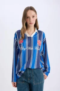DeFacto Oversize Wide Fit Polo Neck Printed Jersey Fabric Long Sleeve T-Shirt - Image 6