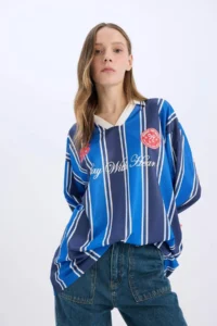DeFacto Oversize Wide Fit Polo Neck Printed Jersey Fabric Long Sleeve T-Shirt - Image 7