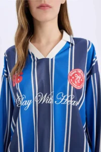 DeFacto Oversize Wide Fit Polo Neck Printed Jersey Fabric Long Sleeve T-Shirt - Image 8