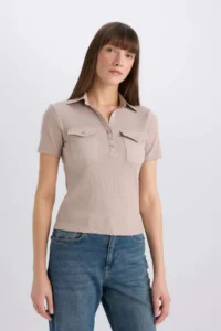 DeFacto Slim Fit Narrow Cut Polo Neck Ribbed Camisole Pocket Short Sleeve T-Shirt - Image 3
