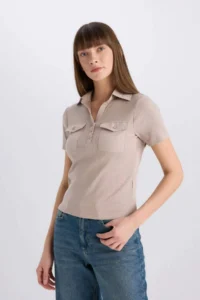 DeFacto Slim Fit Narrow Cut Polo Neck Ribbed Camisole Pocket Short Sleeve T-Shirt - Image 4
