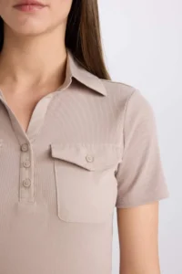 DeFacto Slim Fit Narrow Cut Polo Neck Ribbed Camisole Pocket Short Sleeve T-Shirt - Image 5
