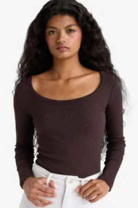 DeFacto Slim Fit Narrow Cut Round Neck Basic Plain Ribbed Camisole Long Sleeve T-Shirt