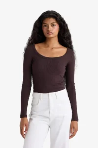DeFacto Slim Fit Narrow Cut Round Neck Basic Plain Ribbed Camisole Long Sleeve T-Shirt - Image 3