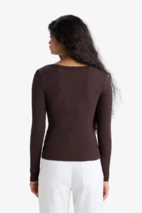 DeFacto Slim Fit Narrow Cut Round Neck Basic Plain Ribbed Camisole Long Sleeve T-Shirt - Image 6