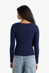 DeFacto Slim Fit Narrow Cut Round Neck Basic Plain Ribbed Camisole Long Sleeve T-Shirt - Image 6
