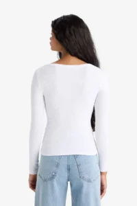 DeFacto Slim Fit Narrow Cut Round Neck Basic Plain Ribbed Camisole Long Sleeve T-Shirt - Image 6