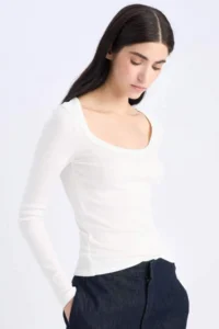 DeFacto Slim Fit Slim Fit Basic Plain Ribbed Camisole Long Sleeve White T-Shirt