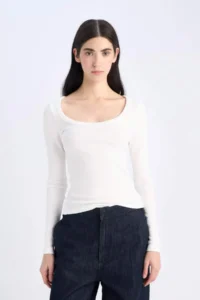 DeFacto Slim Fit Slim Fit Basic Plain Ribbed Camisole Long Sleeve White T-Shirt - Image 3