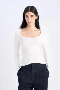 DeFacto Slim Fit Slim Fit Basic Plain Ribbed Camisole Long Sleeve White T-Shirt - Image 4