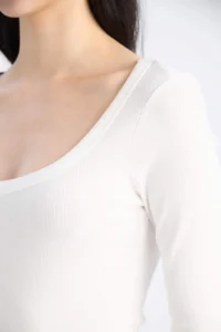 DeFacto Slim Fit Slim Fit Basic Plain Ribbed Camisole Long Sleeve White T-Shirt - Image 5