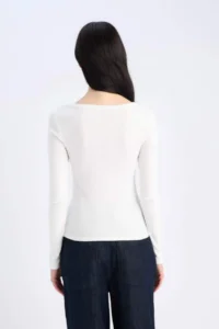 DeFacto Slim Fit Slim Fit Basic Plain Ribbed Camisole Long Sleeve White T-Shirt - Image 6