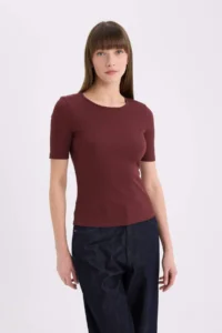 DeFacto Slim Fit Narrow Cut Crew Neck Basic Plain Ribbed Camisole Short Sleeve T-Shirt - Image 3