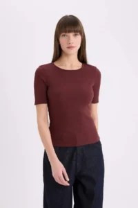DeFacto Slim Fit Narrow Cut Crew Neck Basic Plain Ribbed Camisole Short Sleeve T-Shirt - Image 4