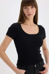 DeFacto Slim Fit Narrow Cut Round Neck Basic Plain Ribbed Camisole Short Sleeve Black T-Shirt E5781ax25sp