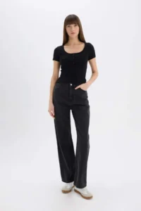 DeFacto Slim Fit Narrow Cut Round Neck Basic Plain Ribbed Camisole Short Sleeve Black T-Shirt E5781ax25sp - Image 2