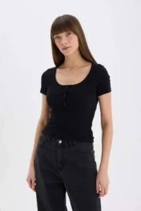 DeFacto Slim Fit Narrow Cut Round Neck Basic Plain Ribbed Camisole Short Sleeve Black T-Shirt E5781ax25sp - Image 3