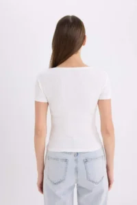 DeFacto Slim Fit Narrow Cut Round Neck Basic Plain Ribbed Camisole Short Sleeve White T-Shirt - Image 6