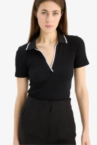 DeFacto Slim Fit Narrow Cut Polo Neck Ribbed Camisole Short Sleeve T-Shirt
