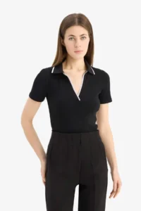 DeFacto Slim Fit Narrow Cut Polo Neck Ribbed Camisole Short Sleeve T-Shirt - Image 3