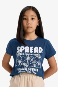 DeFacto Crew Neck Printed Short Sleeve T-Shirt Girls