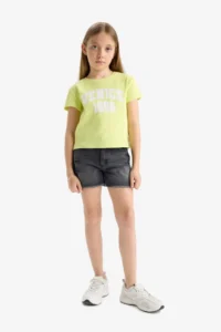DeFacto Girl's Slim Fit Narrow Cut Crew Neck Ribbed Camisole Printed Short Sleeve T-Shirt - Image 2