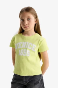 DeFacto Girl's Slim Fit Narrow Cut Crew Neck Ribbed Camisole Printed Short Sleeve T-Shirt - Image 3