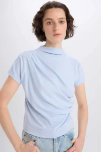 DeFacto Slim Fit Narrow Cut Crew Neck Basic Plain Rib Short Sleeve T-Shirt