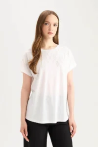 DeFacto Short Sleeve White Women T-Shirt E5954AX/WT34 - Image 3