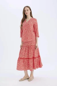 DeFacto Regular Fit Floral Patterned Midi Skirt with Elastic Waistband