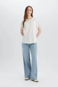 DeFacto Short Sleeve Ecru Women T-Shirt E6075AX/ER105 - Image 2