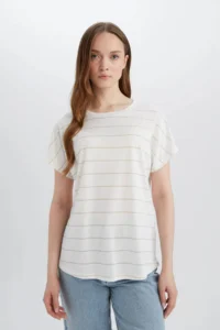 DeFacto Short Sleeve Ecru Women T-Shirt E6075AX/ER105 - Image 3