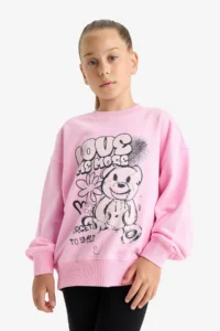 DeFacto Oversize Wide Fit Crew Neck Printed Sweatshirt Girl Child - Image 3