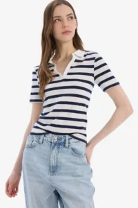 DeFacto Slim Fit Narrow Cut Striped Polo Neck Ribbed Short Sleeve T-Shirt - Image 3