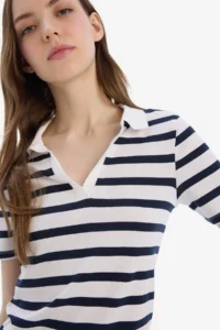 DeFacto Slim Fit Narrow Cut Striped Polo Neck Ribbed Short Sleeve T-Shirt - Image 4