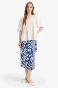 DeFacto New Season egular Fit Patterned Linen Blend Midi Skirt - Image 3