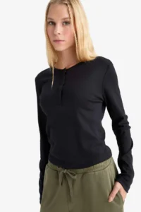 DeFacto Fitted Button Collar Ribbed Long Sleeve T-Shirt