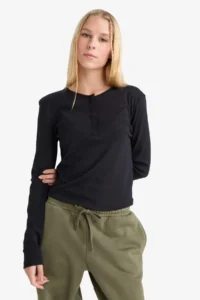 DeFacto Fitted Button Collar Ribbed Long Sleeve T-Shirt - Image 3