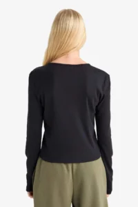 DeFacto Fitted Button Collar Ribbed Long Sleeve T-Shirt - Image 6