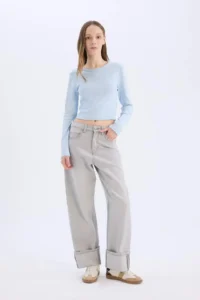 DeFacto Fitted Basic Plain Rib Long Sleeve T-Shirt 25SP - Image 2