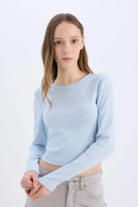 DeFacto Fitted Basic Plain Rib Long Sleeve T-Shirt 25SP - Image 3