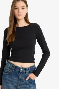 DeFacto Fitted Basic Plain Rib Long Sleeve T-Shirt