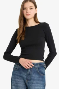 DeFacto Fitted Basic Plain Rib Long Sleeve T-Shirt - Image 3